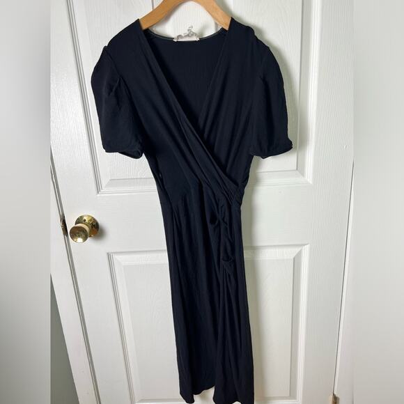 BA&SH Oya Wool Blend Dark Blue V Neck Short Sleeve Faux Wrap Office Midi Dress M - Picture 3 of 9